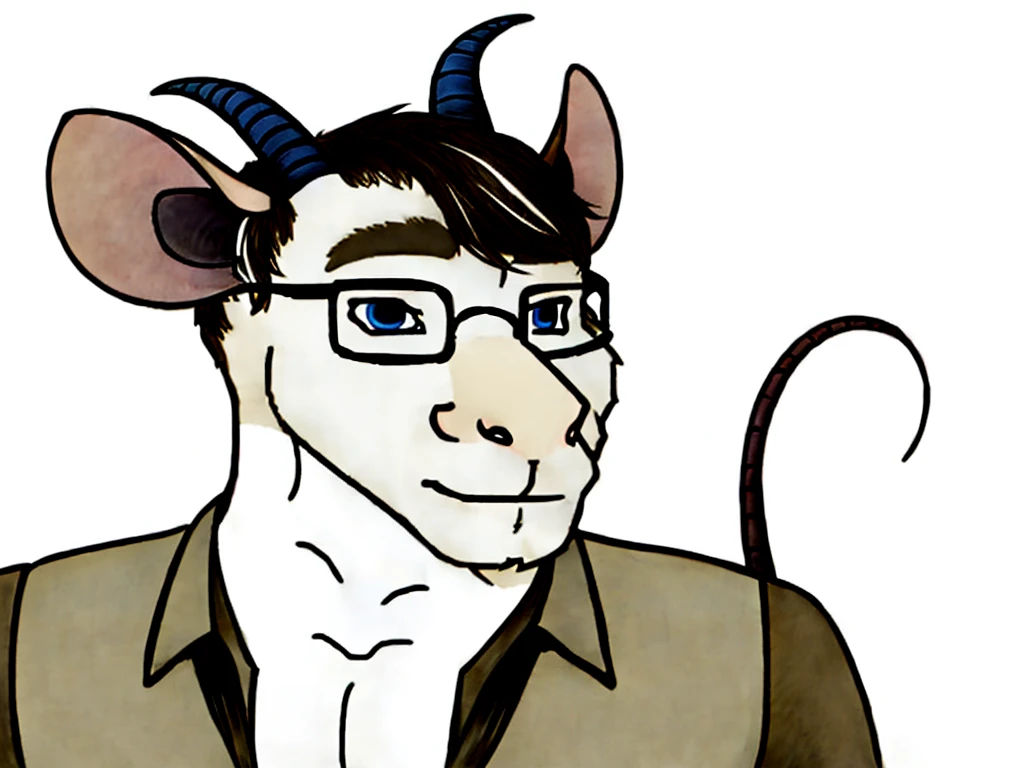Solo, male, furry, goat-rat hybrid, ((goat horns)), mouse ears, ((light brown colored fur with white highlights)), (brown hair), blue eyes, mouse tail, adult, handsome, mature, (slim build),black wire glasses, wearing dress shirt, wojak