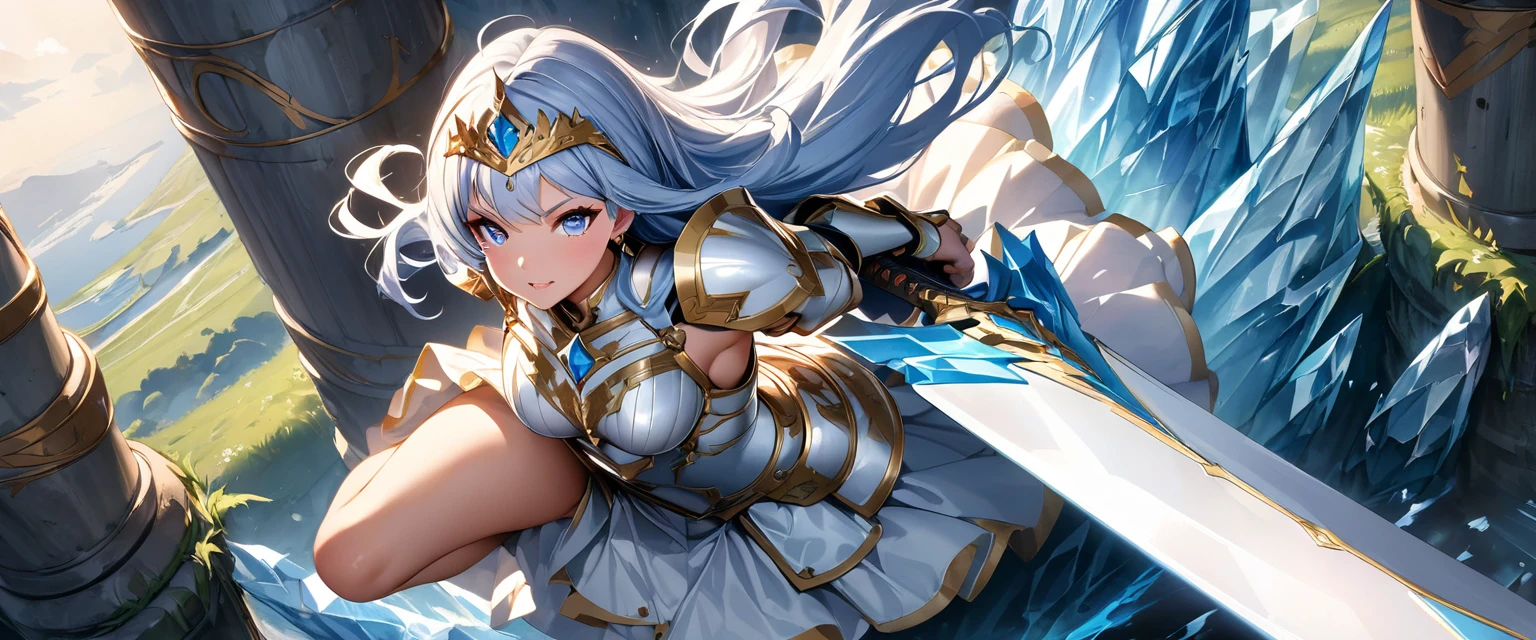 (Perfect Anatomy)、Mastepiece、Ultra High Quality、 8K、masterpiece、Highest quality、Ultra-high resolution、Maximum resolution、Very detailed、Professional Lighting、anime、woman、thin、so beautiful、Highly detailed eye、Highly detailed face、Blue and white armor, , Golden decorated luxury tiara，Golden earrings，Frilly Armor，Light blue hair, blue eyes，White underwear、Gloss Lip、Pink Lips、grassland, full body, dynamic angle, dynamic pose, Heroic pose, pillars of ice, (((long sword))), (((shield))), Defending with water magic, Making eyes glow, flying attack, Swinging down a sword, goddess armor, high heels, floating hair, (((fighting)))