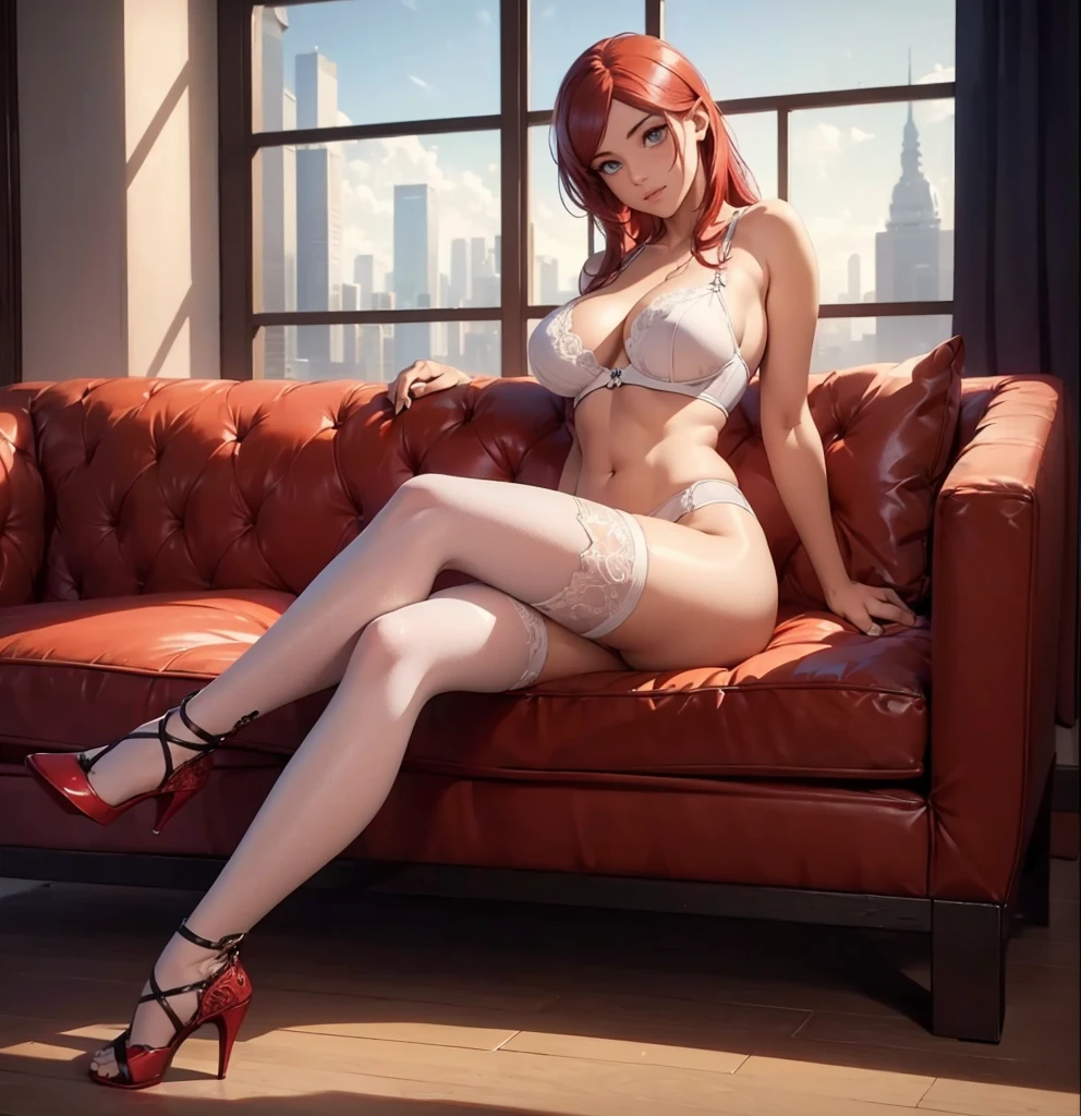 ((1girl, solo)), mature female, beautiful body, (perfect anatomy, perfect body, perfect hands, perfect legs), (five fingers:1.5), natural proportions, sexy body, large breasts, cowboy shot BREAK
((extremely detailed face)), (beautiful detailed eyes:1.6), (realistic pupils, realistic iris:1), expressive eyes, looking at viewer, (clear eyes:1.3), (hyperrealistic:1.2), (detailed skin texture:1.2), smooth skin, (red hair:1.5), violet eyes, long hair, (detailed lips:1.2), (attractive lips:1.1), (glossy lips:1.1), smile, perfect face, perfect eyes BREAK
underwear only, collarbone, cleavage, white bra, highleg panties, lingerie, white thighhighs, red footwear, high heels BREAK
(masterpiece:1.5), anime-style, top quality, best quality, (beautiful and aesthetic:1.2), (ultra detail:1.5), Ultra-detailed depiction, Ultra-precise depiction, extremely detailed 8k illustration, high resolution, (highly detailed shading:1.2), (realistic lighting:1.4), perfect lighting, vibrant colors, dynamic tones, striking hues, 8k, absurd resolution, perfect shadows, hdr, UHD, ambient lighting, realistic, ultra-realistic, photo realistic, highly detailed, rich detail, luminous colors, fine texture, intricate design, professional illustration, (soft light:1.2), (illustration:0.7)
