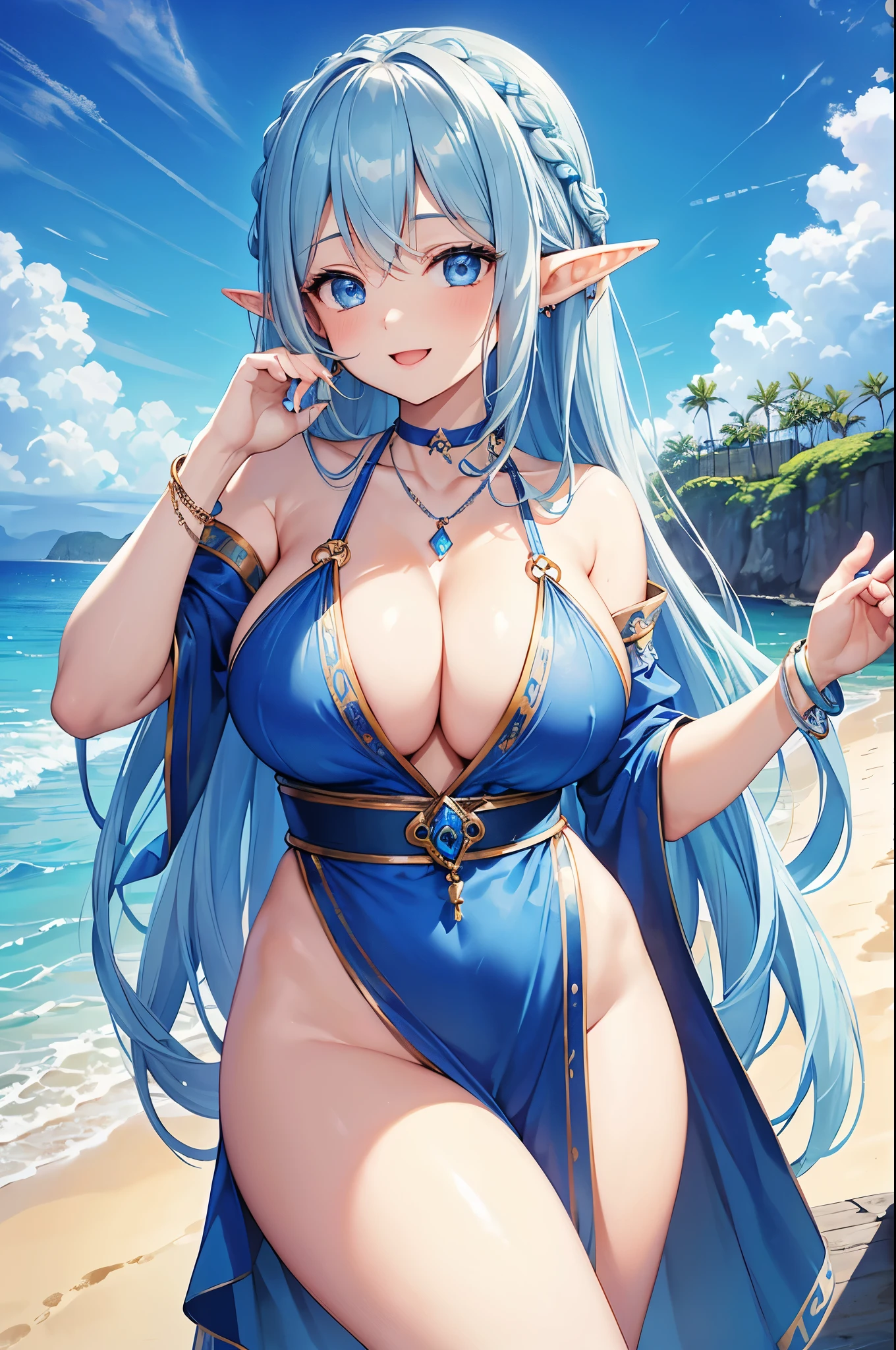 Highest quality、Highest quality、masterpiece、(8K resolution),beauty(Age 25)、(Mature Appearance)、Light blue long hair(Braiding of sides)、blue eyes、((Naked))、(Elf)、Big cleavage、((Big Breasts))、smile、blue necklace、Blue Earrings、background(Beach)、Please open your mouth wide、bracelet、Dynamic pose、Blue choker