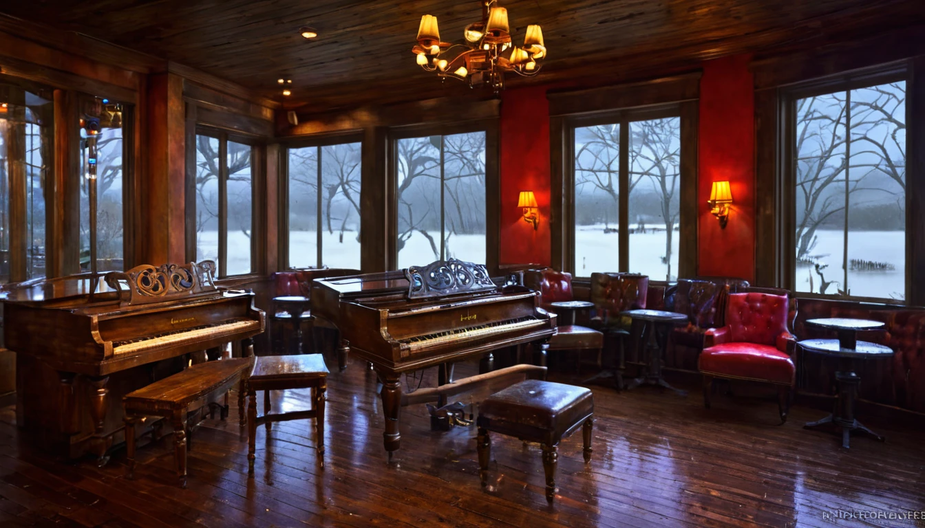 a rustic piano bar with a rainy day view through the window, a grand piano in the corner, rustic chairs and tables, a bar with bottles and other characteristic accessories, masterpiece, realistic, photorealistic, HDR, studio lighting, ultra-detailed, extremely detailed, vibrant colors, dramatic lighting, moody atmosphere, warm lighting, wood textures, glass elements, atmospheric perspective, depth of field, cinematic composition