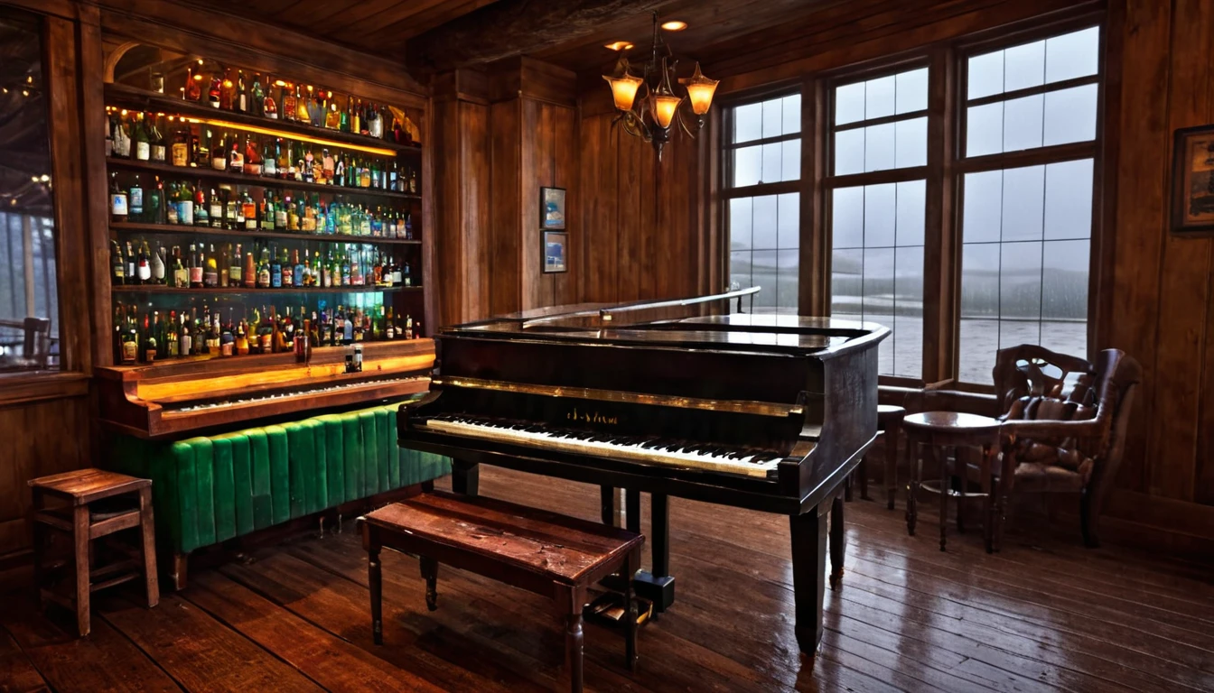 a rustic piano bar with a rainy day view through the window, a grand piano in the corner, rustic chairs and tables, a bar with bottles and other characteristic accessories, masterpiece, realistic, photorealistic, HDR, studio lighting, ultra-detailed, extremely detailed, vibrant colors, dramatic lighting, moody atmosphere, warm lighting, wood textures, glass elements, atmospheric perspective, depth of field, cinematic composition