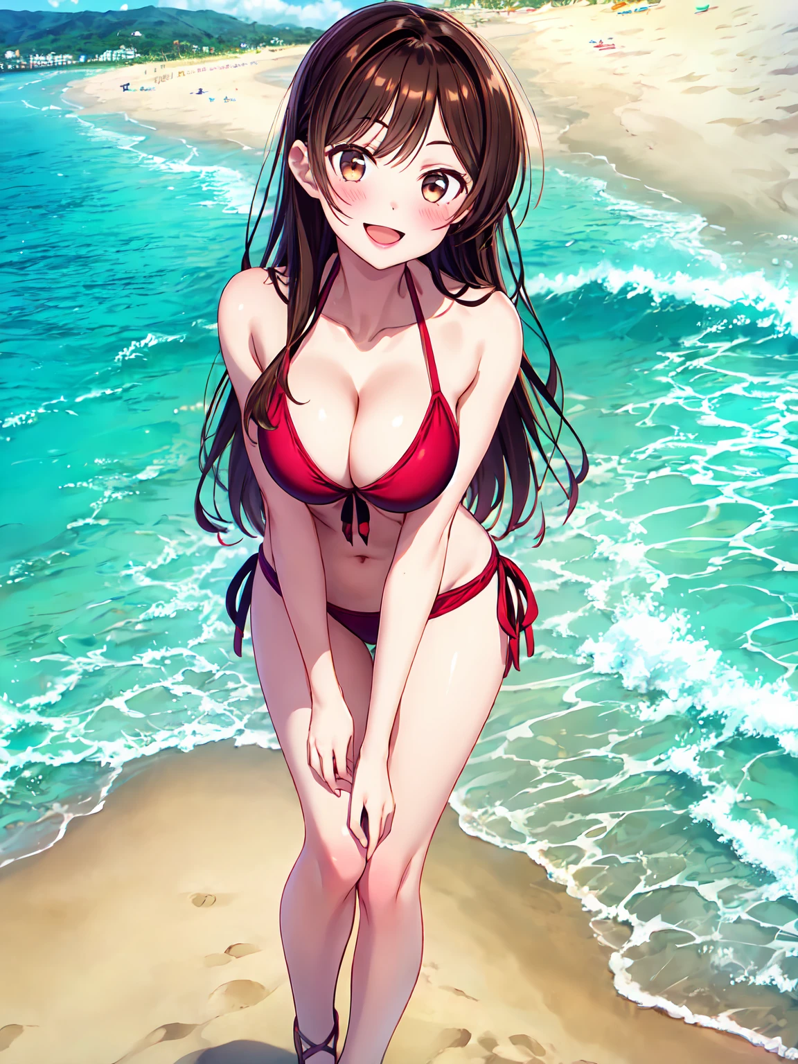 Masterpiece ,best quality , high resolution , (1 girl solo:1.38) , (chizuru ichinose, long hair, bangs, brown hair, (brown eyes:1.2), one side up,) , (cleavage:1.2) , (medium breast:1.28) , ( wear bikini , stockings) , (cleavage:1.15) , (big breast:1.1) , (face view , front view , from front , look at view ) , (outdoor , sea , ocean,  sand , beach) ,  (standing , thighs ) , ( smile , open mouth , full face blush , shy )