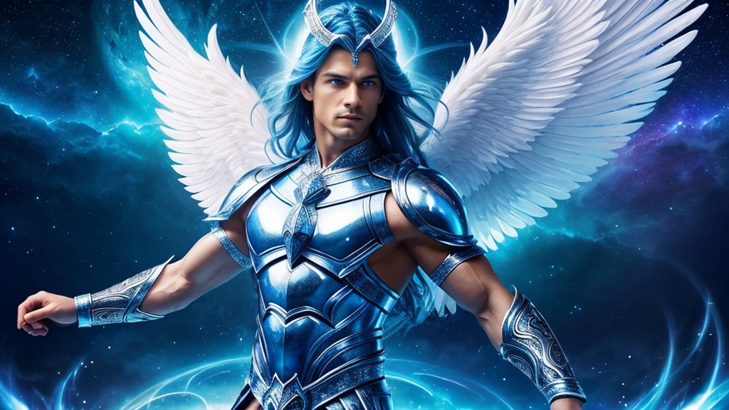 A angel man, majestic ethereal male angel, a divine aura emanating from every muscular sinew, his outfit is detailed armor, in blue and silver colors. This celestial being is captured in high-definition photography, showing intricate details and vibrant colors. Radiant golden runes adorn her pure white skin, glowing in an unearthly light. His blue eyes are wells of wisdom and power, they look with a mesmerizing intensity. The background is a dreamscape of floating islands and sparkling crystals, adding to the enchanting atmosphere of this celestial creature. The image exudes a sense of magic and wonder, inviting viewers to immerse themselves in a world of fantasy and beauty.