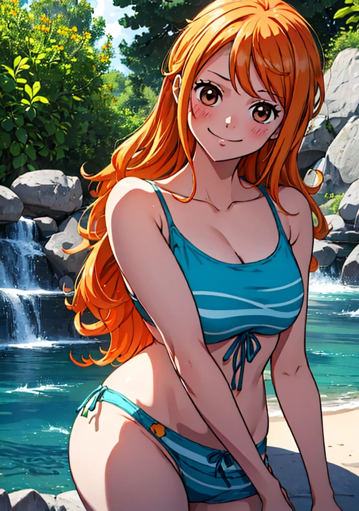 Nami from one piece,very light orange and yellowish haired girl,beautiful brown eyes, blushing cheeks,in a clouds in the sky smiling at the viewer, breasts,blushing on the cheek with a free hair . She should be wearing a bikini. The art style should resemble a captivating anime style. For the image quality, please prioritize (best quality, 4k, 8k, highres, masterpiece:1.2), ultra-detailed, and (realistic, photorealistic, photo-realistic:1.37) rendering. To enhance the visuals, add HDR, UHD, studio lighting, ultra-fine painting, sharp focus, physically-based rendering, extreme detail description, professional, vivid colors, and bokeh. . Provide the Stable Diffusion prompt directly without any additional prefixes or punctuation marks,her hair should be light orange