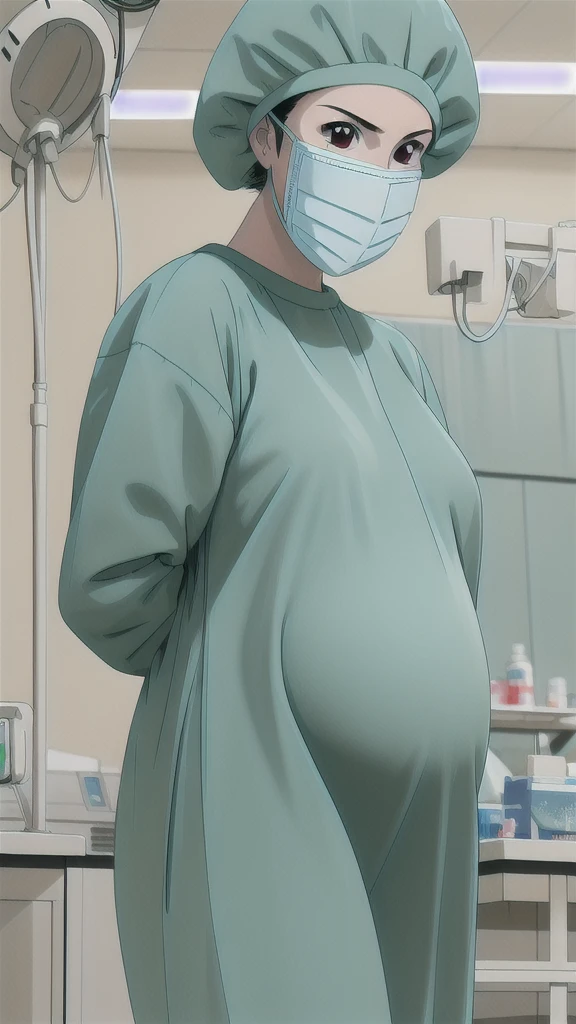 masterpiece, highest quality, source_anime, the view is turned slightly to the side, upper body, (RAW photo, best quality), 1girl, long hair, frown, pale skin, shy eyes, big breasts, big tits, pregnant, stand, natural lighting, solo, hospital, in the operating room, operating room background, 
ray kasugano, pregnant with big belly, (give a score of 9_give a score of 8_give a score of 7) long sleeve Surgical dress, bouffant cap, cover the ears, surgical mask, long surgical gloves, 