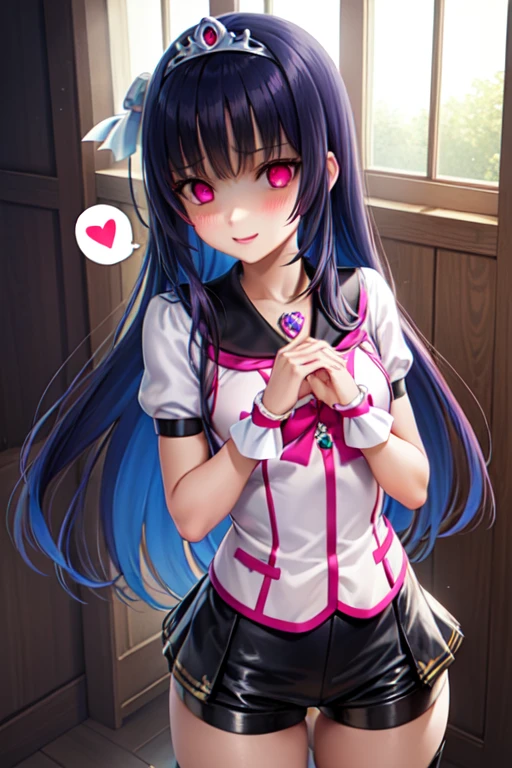 Highest quality, Very detailed, masterpiece, anime, One Girl, alone, Cure Sky,Blue Hair,Long Hair, Feather hair ornament, skirt. tiara, Wrist cuff, (Black shorts), Black shorts under skirt, boots, (Shiny fabric), Cowboy Shot, Black Gemstones, Are standing, blush, (Beautiful details), Very detailed顔, Perfect lighting, Extremely detailed CG, (Perfect hands, Perfect Anatomy), Shiny material, Blue Ribbon, jewelry, Latex Gloss,Red Eye,Dark aura,Straight hair,Blackwing,Black Dress,ロングskirt,spoken heart,heart