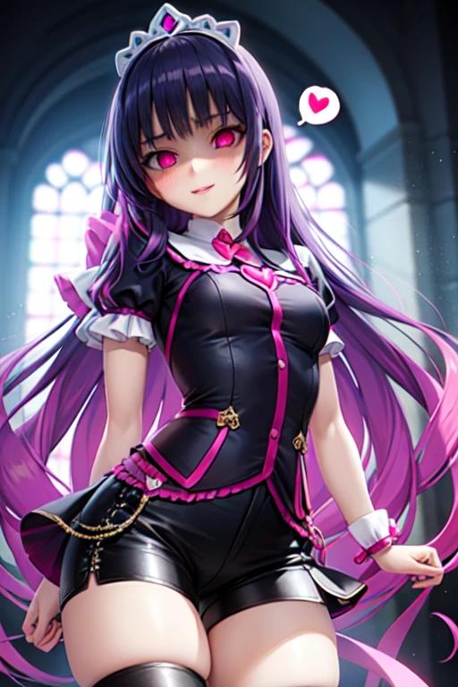 Highest quality, Very detailed, masterpiece, anime, One Girl, alone, Cure Sky,Blue Hair,Long Hair, Feather hair ornament, skirt. tiara, Wrist cuff, (Black shorts), Black shorts under skirt, boots, (Shiny fabric), Cowboy Shot, Black Gemstones, Are standing, blush, (Beautiful details), Very detailed顔, Perfect lighting, Extremely detailed CG, (Perfect hands, Perfect Anatomy), Shiny material, Blue Ribbon, jewelry, Latex Gloss,Red Eye,Dark aura,Straight hair,Blackwing,Black Dress,ロングskirt,spoken heart,heart
