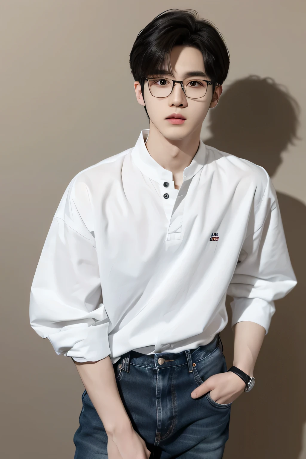a man with white skin, that he is Korean that he is twenty-one years old that he has hair in a short COMMA cut in dark black, that he is wearing a white blouse and jeans that he has prescription glasses on his face
