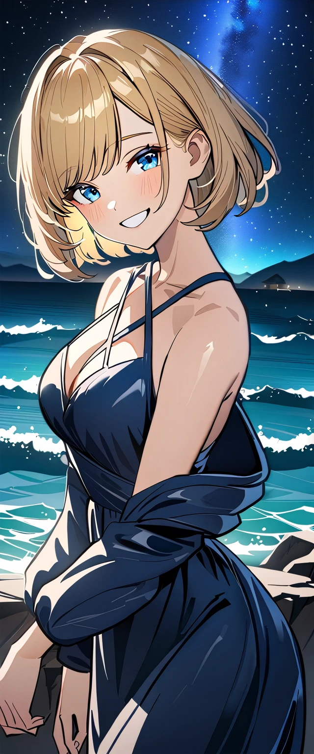 ((grin)), 風が強い, ((off-shoulder dress:1.3, criss-cross halter)), ((sundress)), ((cleavage)), ((blond hair, bob cut:1.3)), ((sunglasses, hand to sunglasses)), (((from side))), ((((upper body)))), bare legs, (()), (((a beautiful starry sky, the Milky Way shining beautifully in the night))), ((standing on the very high cliff)), wavy hair, inward curled hair, ((sea, nature)), breasts, teenager, (looking at viewer), puffy long sleeves, collarbone, head tilt:1.3, (((blue eyes))), happy smile, (((anime style))), (best quality, 4K, 8K, highres, masterpiece:1.2, ultra-detailed, ultra-detailed eyes, HDR, uhd, studio lighting, ultra-fine painting, sharp focus, physically-based rendering, extreme detail description, professional, vivid colors, bokeh)