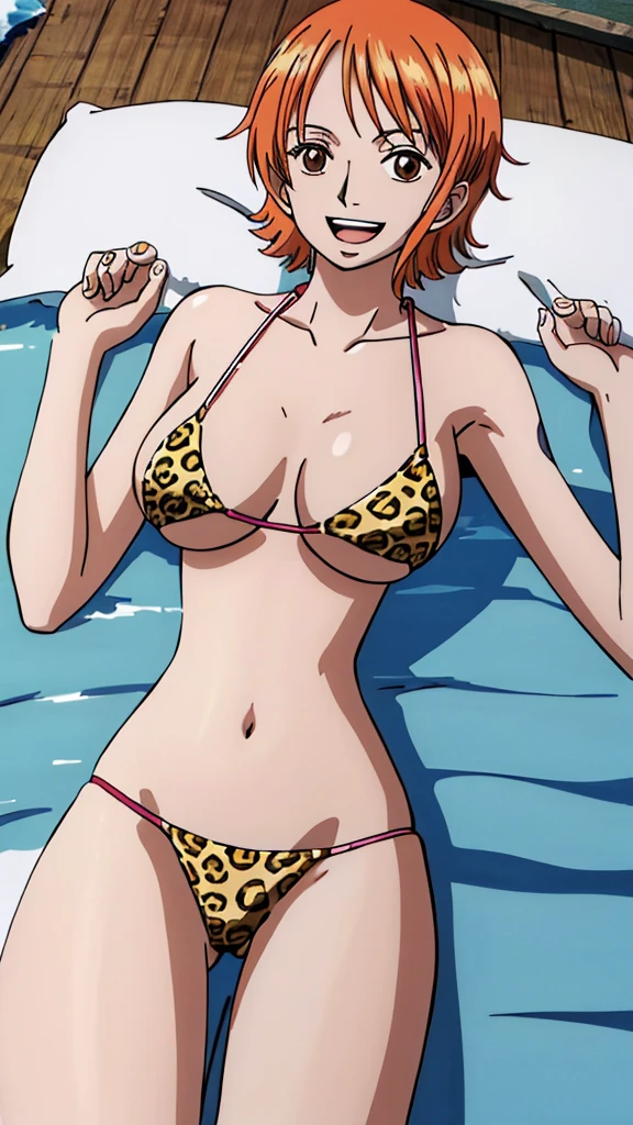 (masterpiece, 4K, Highest quality, anime style: 1.9, Detailed face, Lovely, Ocean,bold, High resolution, anime, Lake 4. alone, Curvaceous, Very slim belly, Cowboy Shot, 1 Girl,,(Leopard print micro bikini),,smile,Please open your mouth wide,View your viewers,Big Breasts,Naked in a swimsuit,ONE PIECE,US,(lie down),short hair