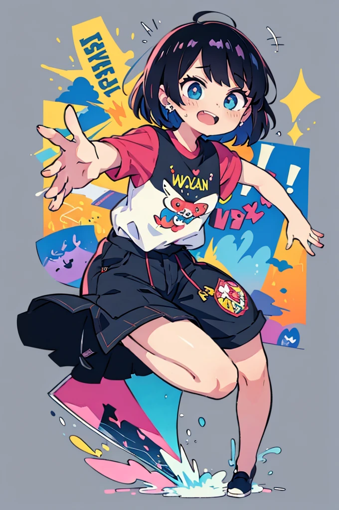 (Masterpiece,best quality),highres,extremely clear 8K wallpaper,high quality, detailed eyes, (illustration:1.1), colorful, vibrant colors, (outline:1.25), (better hand:1.25), (dynamic pose:1.25), beautiful face, open mouth, black hair
solo,(1girl:1.5), (mj-tyg), (), full body, (plain background:1.25), poster