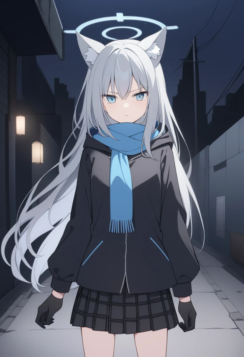 girl，Silver long hair, blue eyes, Wearing black night clothes,戴着Black hood，A sky blue scarf, Black gloves, And black plaid skirt, On the deserted street，Serious expression, blue halo，Black hood，戴着Black hood，Gray wolf ears，Night