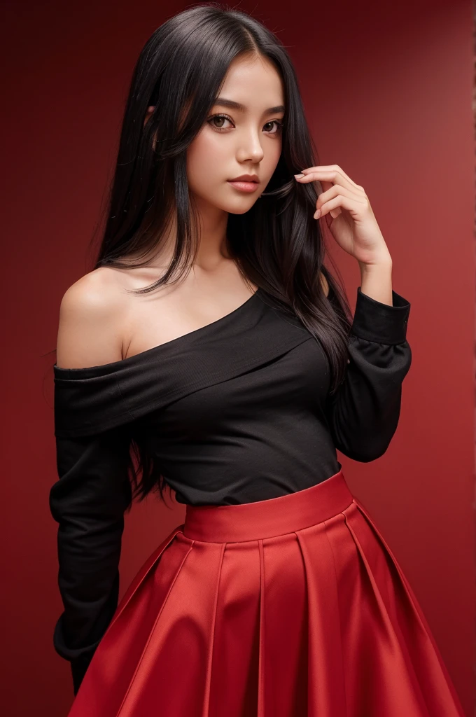 1girl, solo, long hair, looking at viewer, skirt, simple background, shirt, black hair, long sleeves, standing, black skirt, off shoulder, red shirt, red background, finger to mouth, long skirt