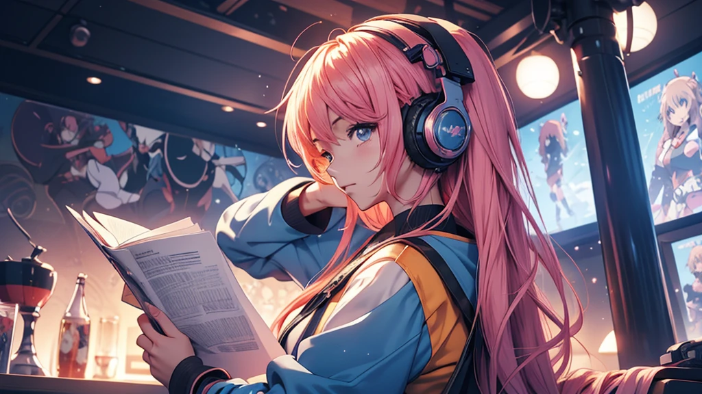 Woman wearing headphones, Anime Style 4 k, anime wallpaper 4k, anime wallpaper 4k, 4k anime wallpaper, anime art wallpaper 4k, anime art wallpaper 4k, Anime Style. 8K, Anime atmosphere, , Ultra HD Anime Wallpaper, Anime Art Wallpaper 8K, Anime Background,landscape、reading、Home