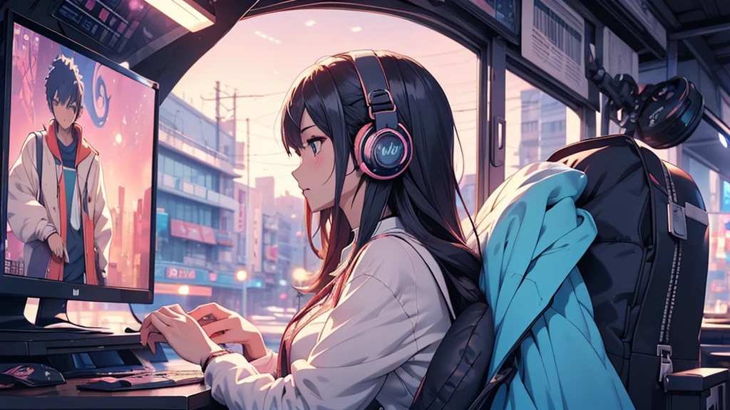 Woman wearing headphones, Anime Style 4 k, anime wallpaper 4k, anime wallpaper 4k, 4k anime wallpaper, anime art wallpaper 4k, anime art wallpaper 4k, Anime Style. 8K, Anime atmosphere, , Ultra HD Anime Wallpaper, Anime Art Wallpaper 8K, Anime Background,landscape、reading、Home