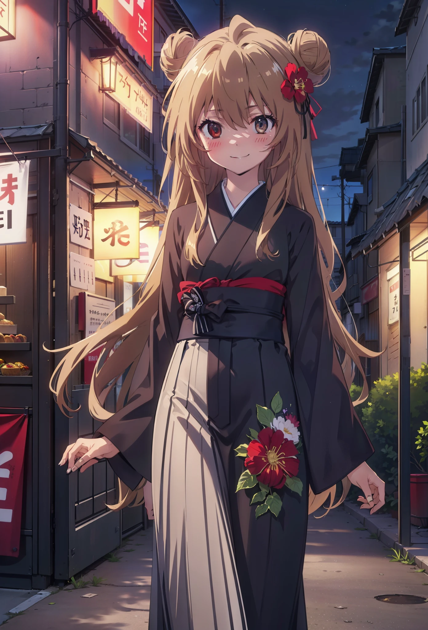 taiga aisaka, taiga aisaka, Long Hair, Brown Hair, Brown eyes,happy smile, smile, Close your mouth,Hair Bun, single Hair Bun,Flower Hair Ornaments,Black kimono,Thick sleeves,Black long skirt,Japanese Festivals,Summer festival food stalls,Red lantern,night,As if your whole body is in the illustration,Walking, break looking at viewer, Upper Body (Cowboy Shot:1. 5),
break outdoors, Area,
break (masterpiece:1.2), Highest quality, High resolution, unity 8k wallpaper, (shape:0.8), (Beautiful attention to detail:1.6), Highly detailed face, Perfect lighting, Highly detailed CG, (Perfect hands, Perfect Anatomy),