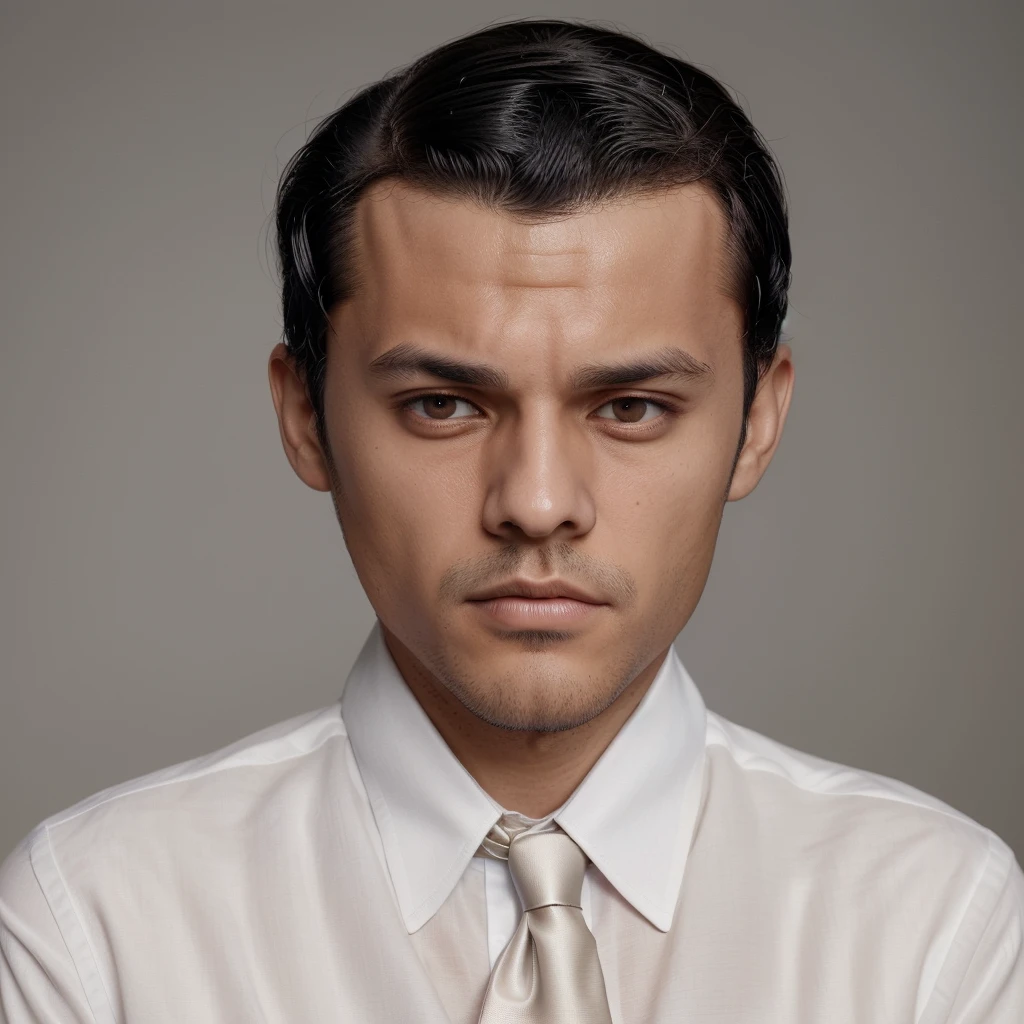 The picture shows a man with a black middle parted hairstyle, his hair structure is very finely detailed, with a neutral expression, wearing a white shirt and dark tie