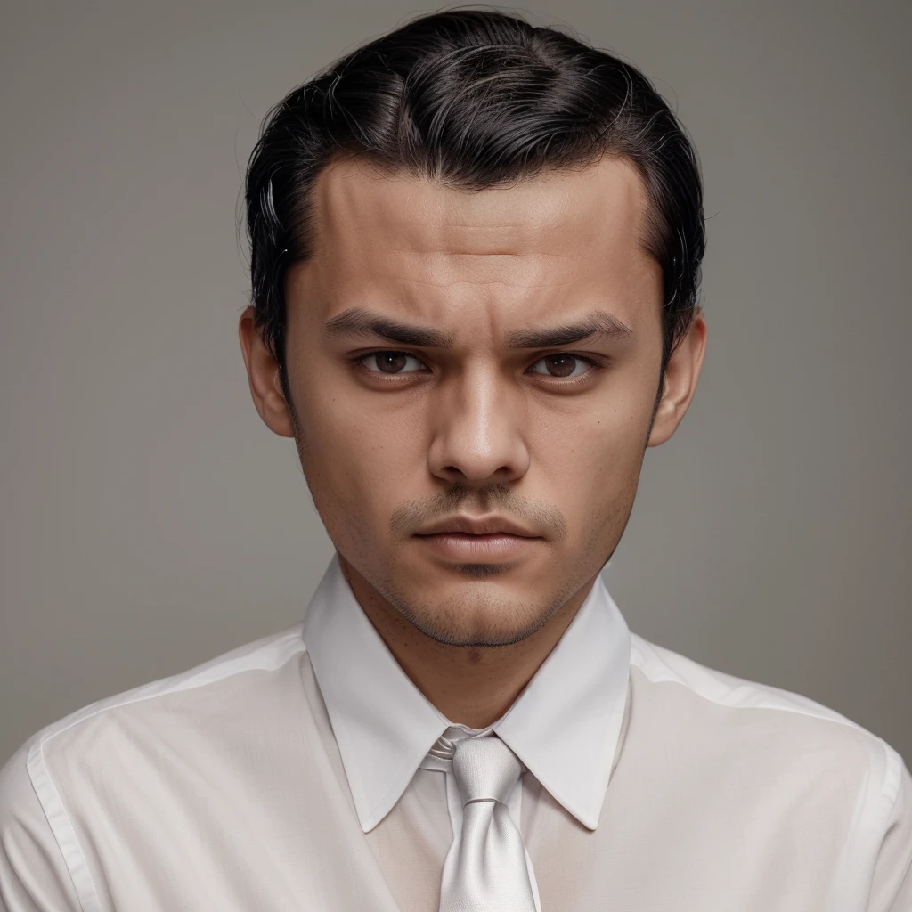The picture shows a man with a black middle parted hairstyle, his hair structure is very finely detailed, with a neutral expression, wearing a white shirt and dark tie