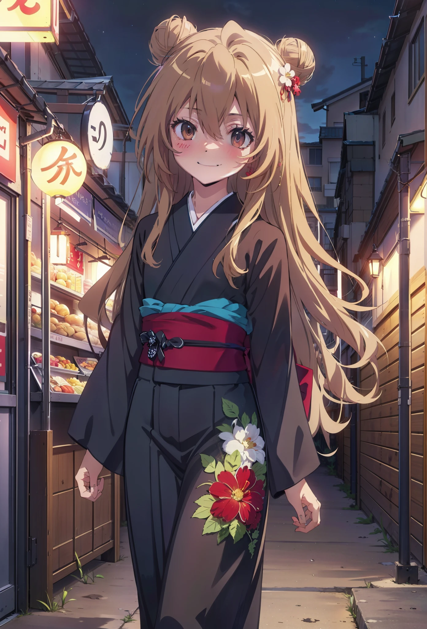 taiga aisaka, taiga aisaka, Long Hair, Brown Hair, Brown eyes,happy smile, smile, Close your mouth,Hair Bun, single  Hair Bun,Flower Hair Ornaments,Black kimono,Thick sleeves,Black long skirt,Japanese Festivals,Summer festival food stalls,Red lantern,night,As if your whole body is in the illustration,Walking,　　　　　　　　　　　　　　　  break looking at viewer, Upper Body (Cowboy Shot:1. 5),  　　　　　
break outdoors, Area,
break (masterpiece:1.2), Highest quality, High resolution, unity 8k wallpaper, (shape:0.8), (Beautiful attention to detail:1.6), Highly detailed face, Perfect lighting, Highly detailed CG, (Perfect hands, Perfect Anatomy),