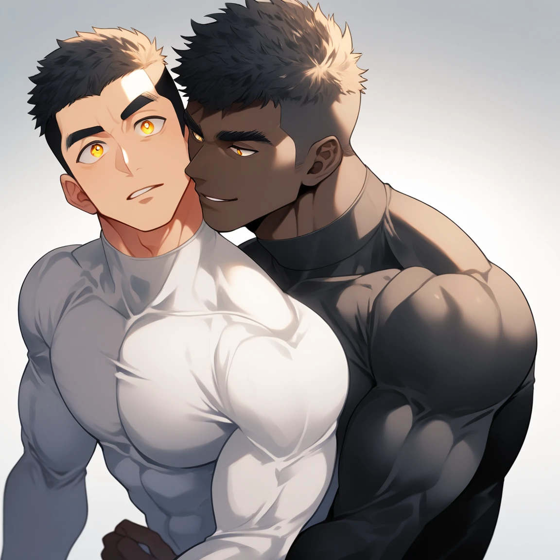anime characters:Two superheroes in tights, Muscle superhero, negro black skin, They hugged and kissed each other, Bite your neck, Caress, Manliness, male focus, Yellow and black high collar long sleeve tight T-shirt, Slightly transparent material, Very tight, Round, full and perky chest muscles, Muscle waist, Slightly transparent, muscular male, muscular, only, Upper body, alone, Black short hair, Thick eyebrows, stubble, Yellow eyes, Grey background, simple background, amazing quality, best aesthetics, Ridiculous, bright pupils, crew cut, parted lips, seductive smile, torogao, naughty face, drop shadow, best quality