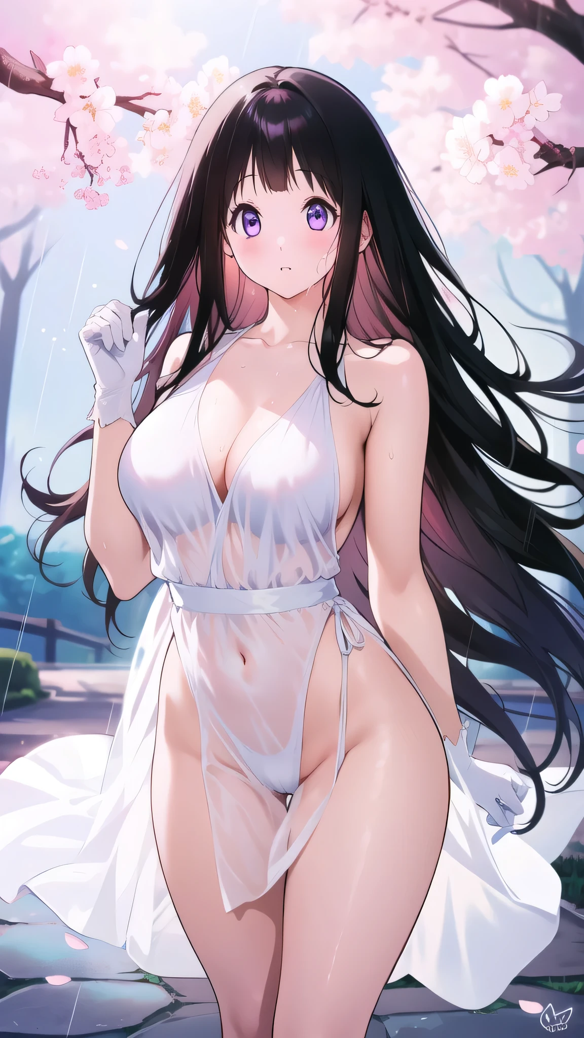 Amazing Chitanda, There is only one beautiful girl,Purple Eyes, Black Hair, Very red face,Very white skin,Glowing skin,Skin as delicate as porcelain,Naturally straight hair, Straight bangs,Extremely refined,Open lips,Long flowing hair,Beautiful Girl, Like a dream,Slim,Slim waist,soft, (sensuous), (Kawaii), Dream quality,Beautiful big breasts,Sheer loose dress,areola,Completely naked,Lower edge of breast,White gloves,Flower decoration,Deep V neckline,Loose neckline,Wide neckline,In school,The wind blows the hair,Place your hands on your inner thighs,Thighs clamp hands,Wet skin,Sweaty and sweaty,Sweating all over,it is raining,Next to the cherry blossom trees,Back to,Lean over,Hips,Side body,Gluteal groove,Completely naked buttocks,Bare back,Completely naked back,Light transmission,(no pants),nopan,pussy juice,Bare shoulders,There are no shoulder straps,Bare neck,Exposed collarbone,Exposing breasts,Exposing breasts side,Exposing breasts,Show your waist,Show your buttocks,Show your thighs,Exposing the groin,(No pants),extremely shy,Ultra-high resolution, (masterpiece:1.2, best quality), (Delicate and beautiful eyes: 1.2), (Beautiful and delicate face)