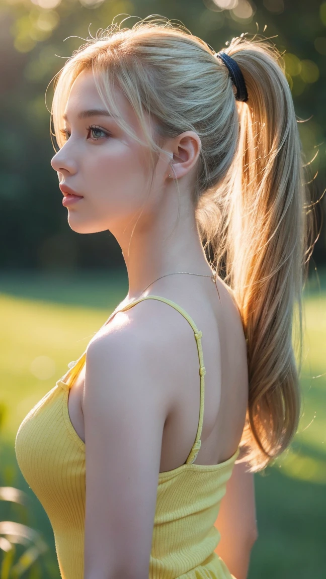 photorealistic,realistic, solo, photorealistic, best quality, ultra high res, 1girl,, , blonde hair in a ponytail, wearing a yellow sundress, breeze blowing through the grass,, , 1girl,, beautiful, masterpiece, best quality, extremely detailed face, perfect lighting, 1girl, solo,, , best quality, ultra high res, photorealistic,, ultra detailed,, masterpiece, best quality, , nancy1,