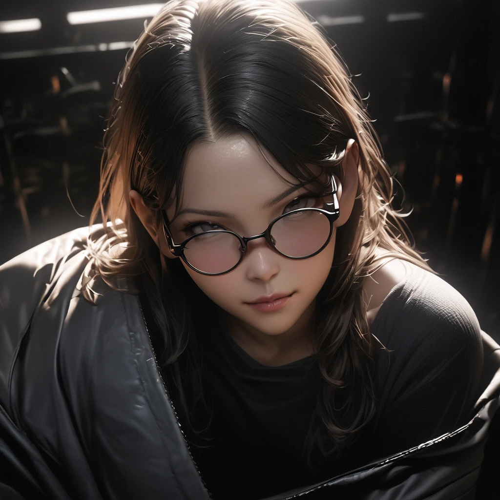 Best quality, masterpiece, ultra high res, (photorealistic:1.4), raw photo, 1boy, offshoulder, in the dark, deep shadow, low key, cold light, glasses, detailed skin