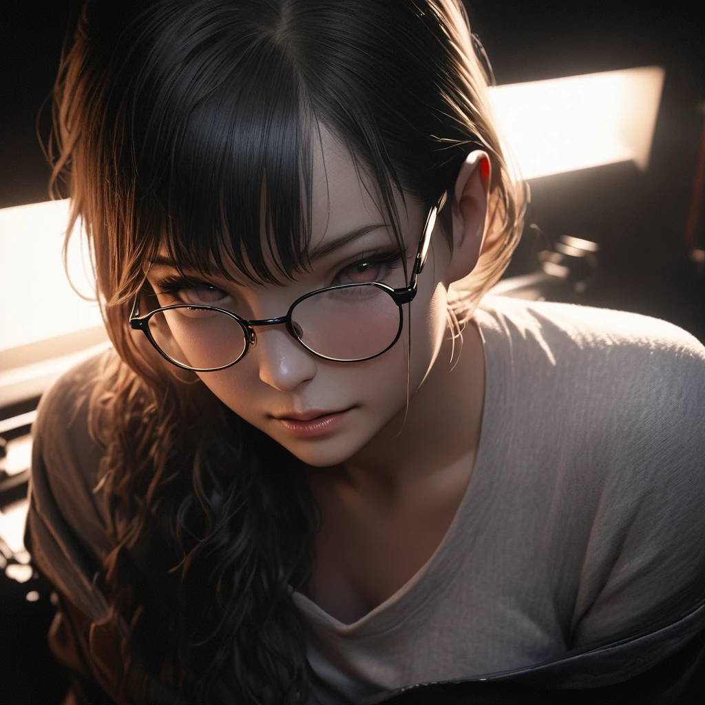 Best quality, masterpiece, ultra high res, (photorealistic:1.4), raw photo, 1boy, offshoulder, in the dark, deep shadow, low key, cold light, glasses, detailed skin