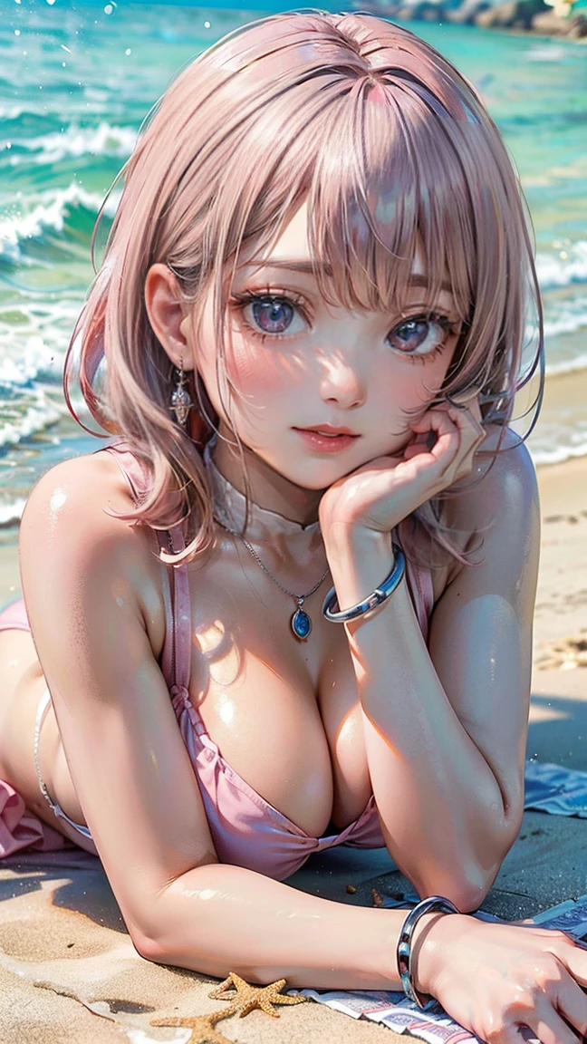 (Masterpiece, BestQuality:1.3), (ultra detailed:1.2), (hyperrealistic:1.3), (RAW photo:1.2), High detail RAW color photo, professional photograph, (Photorealistic:1.4), (realistic:1.4), (Pink Hair:1.5), professional lighting, perfect anatomy, (Big Breasts:1.2), (blush, detailed face), (cheerful Smile:1.5), Trending Hair&Trending Hairカラーをランダムに, earrings, necklace, bracelet, sexly, erotic sexly, Random sexy gravure poses, (Beautiful woman in salmon pink bikini、Enjoying a tan on the beach、Silver Anklet、Lying on the sand。:1.3)