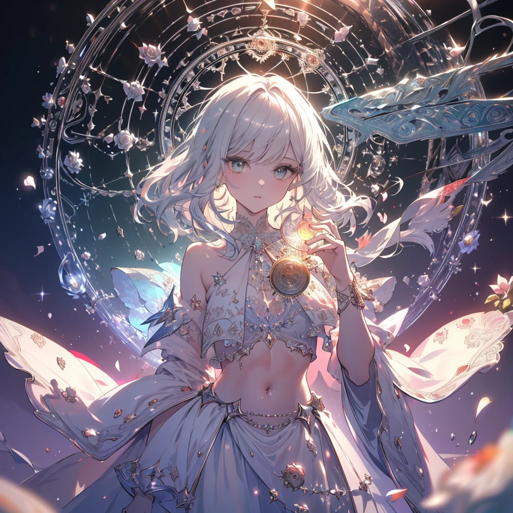 High definition RAW color art,kaleidoscope,White Rose Animation,sculptures, Silver Marble Skin, (((Ultra detailed elegant))), Magical atmosphere, Detailed skin, Texture,(Intricately detailed, Fine detail, ultra-detail art), depth of field, bokeh, Silky Touch, Hyper Detail, beautiful eyes, Elegant Face, magic circle, sunrise, upper body, abs
