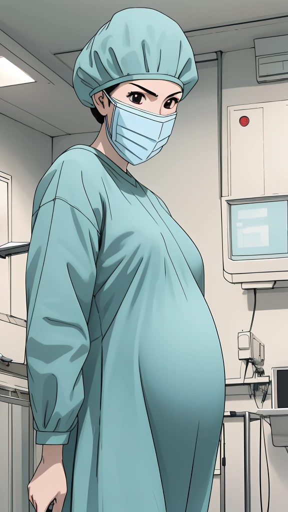 masterpiece, highest quality, source_anime, the view is turned slightly to the side, upper body, (RAW photo, best quality), 1girl, long hair, frown, pale skin, shy eyes, big breasts, big tits, pregnant, stand, natural lighting, solo, hospital, in the operating room, operating room background, 
ray kasugano, pregnant with big belly, (give a score of 9_give a score of 8_give a score of 7) long sleeve Surgical dress, bouffant cap, cover the ears, surgical mask, long surgical gloves, 