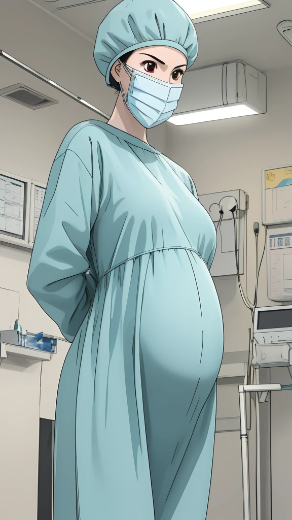 masterpiece, highest quality, source_anime, the view is turned slightly to the side, upper body, (RAW photo, best quality), 1girl, long hair, frown, pale skin, shy eyes, big breasts, big tits, pregnant, stand, natural lighting, solo, hospital, in the operating room, operating room background, 
ray kasugano, pregnant with big belly, (give a score of 9_give a score of 8_give a score of 7) long sleeve Surgical dress, bouffant cap, cover the ears, surgical mask, long surgical gloves, 