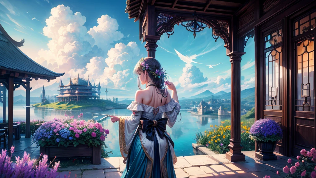 "oil, ((Mysterious Girl)), The sound of a harp echoing through the air, A pavilion surrounded by wildflowers, ((Dramatic cloud formation)), A rich palette, Fantasy World, Magical Aura",Girl from behind