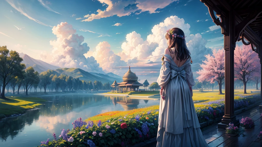 "oil, ((Mysterious Girl)), The sound of a harp echoing through the air, A pavilion surrounded by wildflowers, ((Dramatic cloud formation)), A rich palette, Fantasy World, Magical Aura",Girl from behind
