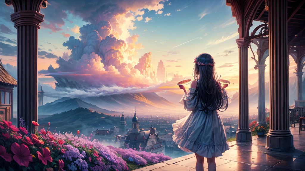 "oil, ((Mysterious Girl)), The sound of a harp echoing through the air, A pavilion surrounded by wildflowers, ((Dramatic cloud formation)), A rich palette, Fantasy World, Magical Aura",Girl from behind