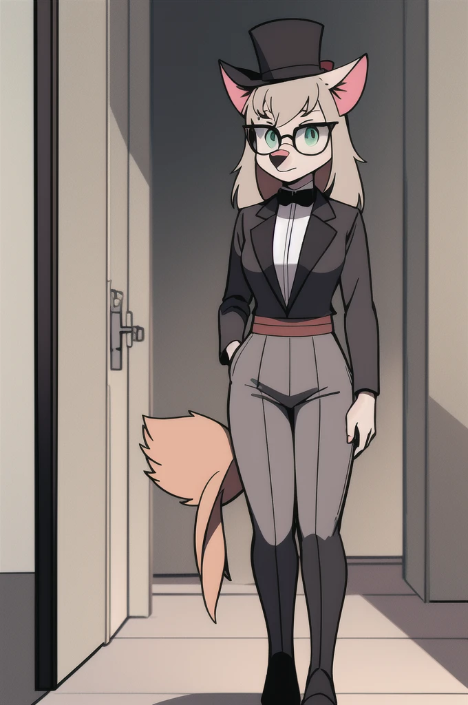 Solo female,Furry,Cat,Dark gray hair,dark gray long hair,dark gray hair underneath in a ponytail,blonde bangs,dark blond and green eyes,19.century fashion, a black top hat with glasses on it, a dark red jacket with red stripes, a white shirt, a black tie, light brown trousers, a walking stick