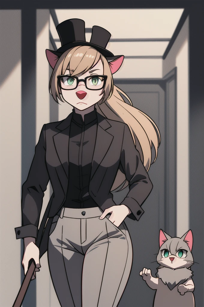 Solo female,Furry,Cat,Dark gray hair,dark gray long hair,dark gray hair underneath in a ponytail,blonde bangs,dark blond and green eyes,19.century fashion, a black top hat with glasses on it, a dark red jacket with red stripes, a white shirt, a black tie, light brown trousers, a walking stick