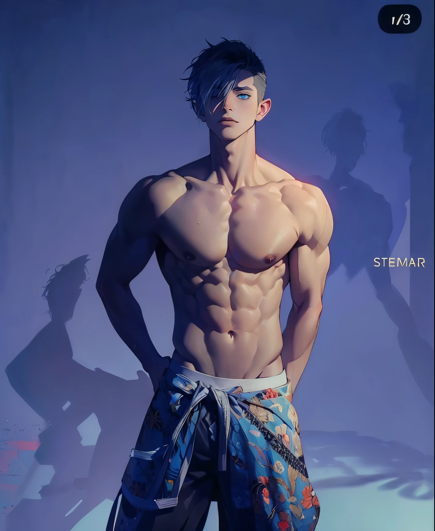 ((work of art, best qualityer)), ung boy, (mature man:1.4), 130 mmf1.4 lenses, 1 yoboy, standing alone, pointy ears, heart-shaped pupils, From above, chewing gum, gumball demon boy, big pectorals, saturados, colorfully, multicolored hair, silver hair, hair blue, multi colored eyes (((1boy))), ((toned)), male focus, Masterpiece artwork, high qualiy, (Masterpiece artwork:1.2), (best qualityer:1.2), shining skin, realisitic, ornate, intricate, ((blackquality hair)), (short hair), blue colored eyes,bangss, hair between the eyes, chic, looking_at_viewer, holding_fan, red_eyeliner, FH, crazy eyes, gazing at viewer, constricted pupils, dynamic pose, (shadows cast over the face:1.3), dark bedroom, shadow room