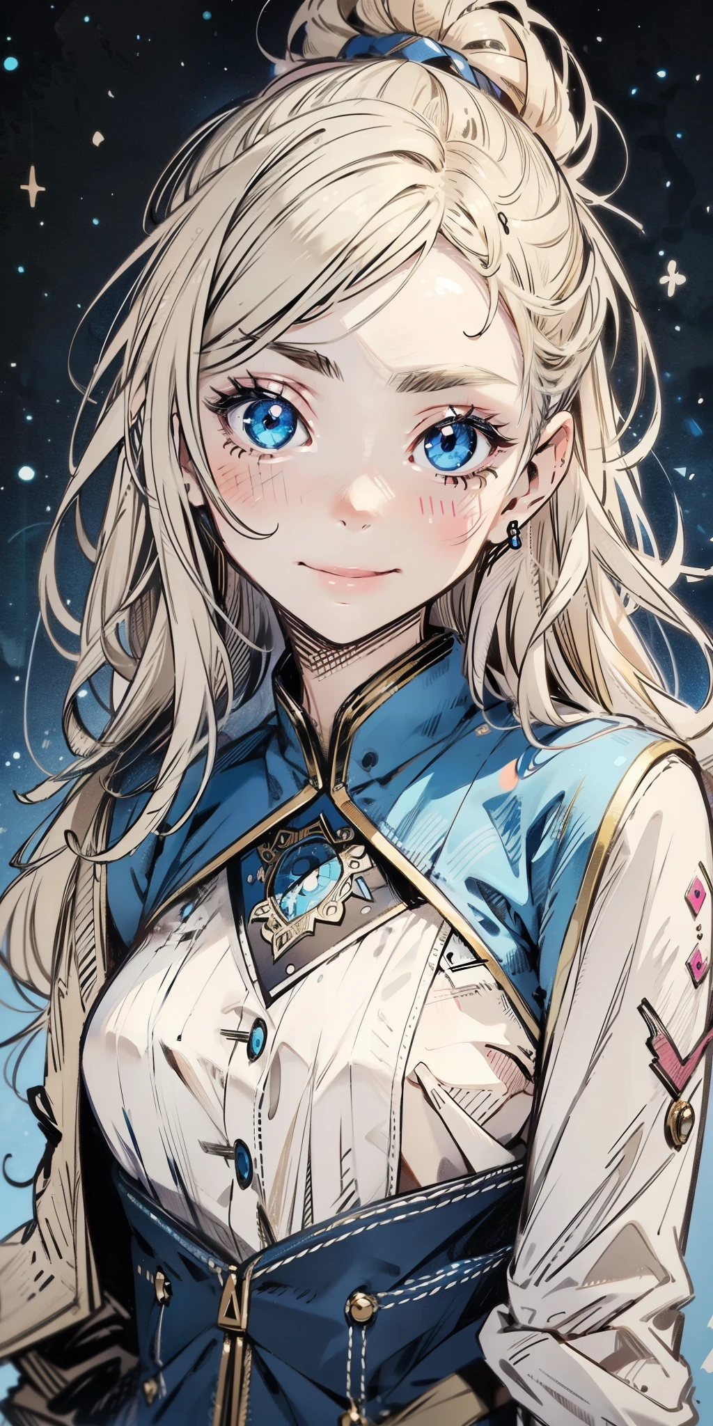 wallpaper, masterpiece,best quality, 1 Girl, Awkward, blush, close, Perfect face, Expressive eyes, Intricate details, Happy, mood, soul, Feelings, Sticking out tongue, Close one eye, pleasure expression, pleasurenny face, BREAK Expressive, rich and colorful, pleasure ,pleasureny, Happy, Happyness, Blue Background, We sew,universe, Expressive colors, jacket, in like, like, Solitary, Solitary, Pen Sketch_style, Ink Sketch