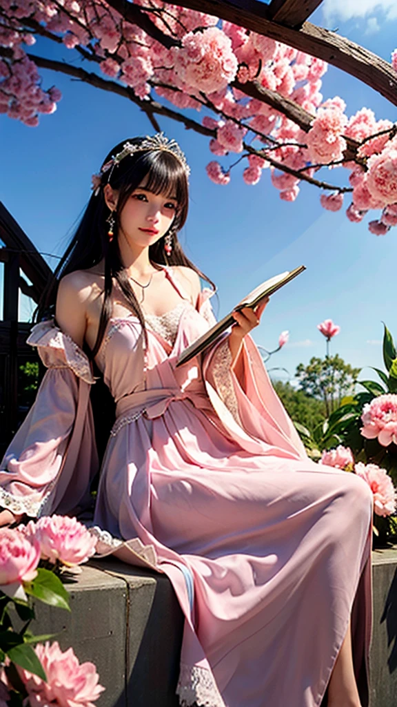 best quality,masterpiece,Ultra-high resolution,(photoactual:1.4),,Sky full of peonies（background）,20-year-old peony fairy（oriental woman）,Pink shawl long hair,cute eyes,y body,Wearing a peony lace skirt,A half-reclining person reads a book and drinks among the peonies.