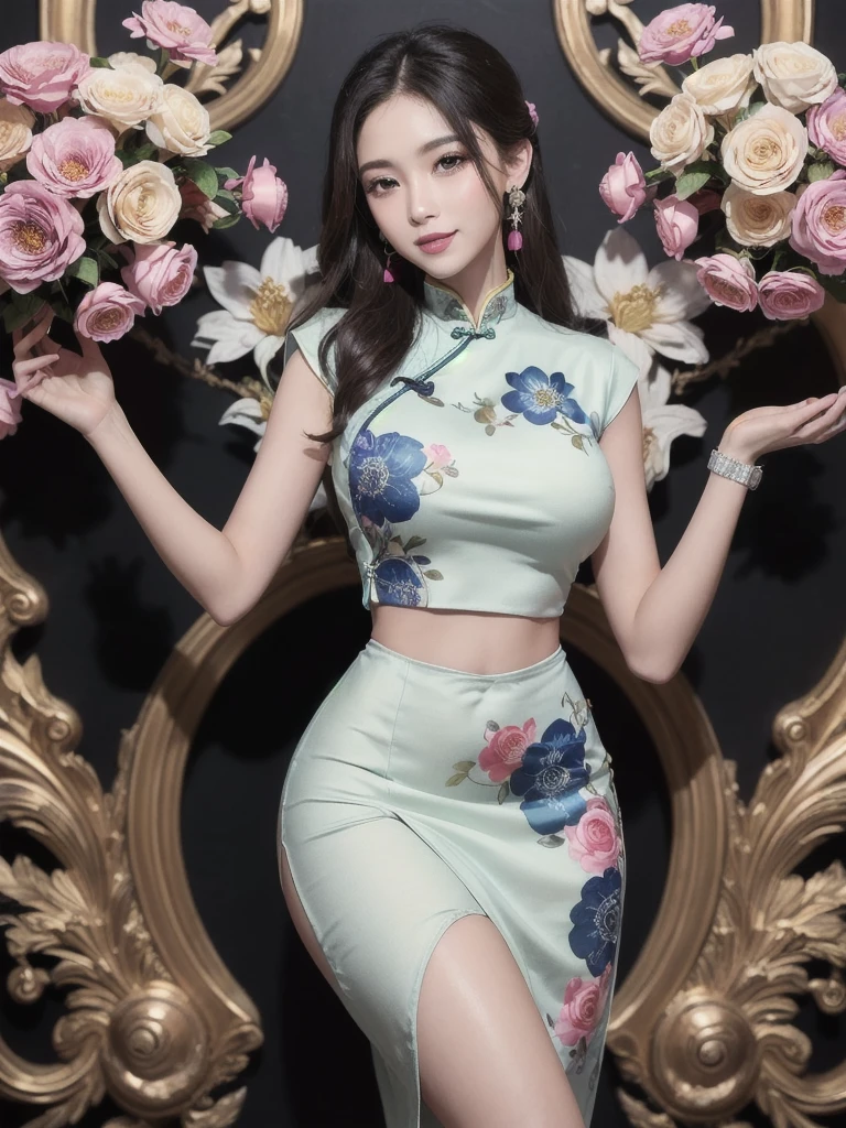 (masterpiece、highest quality、highest quality、official art、beautiful beautiful:1.2)、(1 girl:1.3)、smile gently、very detailed、(fractal art:1.1)、(Colorful:1.1)(Floral:1.3)、most detailed、(zentangle:1.2)、beautiful face、detailed face、perfect proportions、burst chest、huge breasts thin waist、belly button、big ass、gap between crotches、thick tight、(dynamic pose)、(abstract background:1.3)、(qipao dress:1.2)、(shiny skin)、(lots of colors:1.4)、、(earrings:1.4)、1 woman