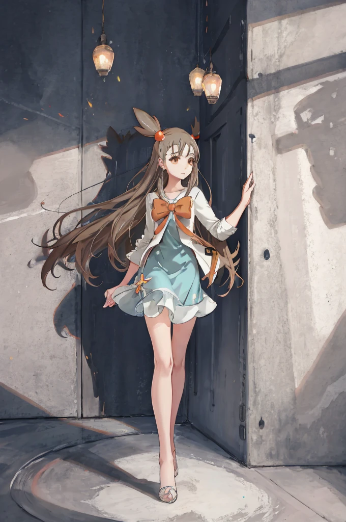 (masterpiece, Highest quality:1.2), Very detailed, Soft indirect lighting, Sharp focus, 4K, Break 1 Girl, , alone, jasmine \(Pokemon\), Princess Dress, White jacket, Round orange ribbon, Brown eyes, Light blue background