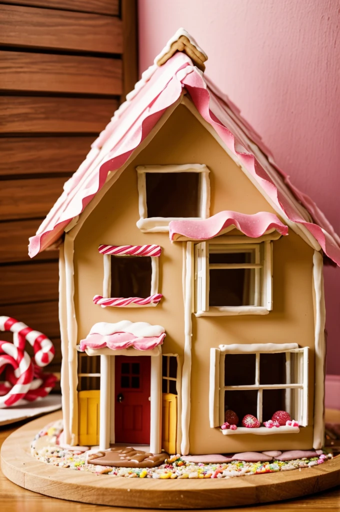 Create a candy house to make crafts with the following features.The little house was built with cookies and its roof was made of strawberry pie..  The windows were caramel. In draw