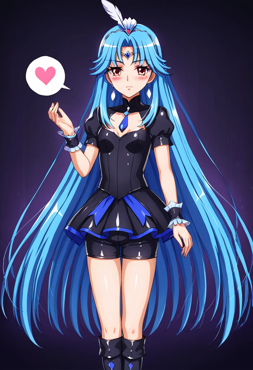 Highest quality, Very detailed, masterpiece, anime, One Girl, alone, Cure Sky,Blue Hair,Long Hair, Feather hair ornament, skirt. tiara, Wrist cuff, (Black shorts), Black shorts under skirt, boots, (Shiny fabric), Cowboy Shot, Black Gemstones, Are standing, blush, (Beautiful details), Very detailed顔, Perfect lighting, Extremely detailed CG, (Perfect hands, Perfect Anatomy), Shiny material, Blue Ribbon, jewelry, Latex Gloss,Red Eye,Dark aura,Straight hair,Blackwing,Black Dress,ロングskirt,spoken heart,heart