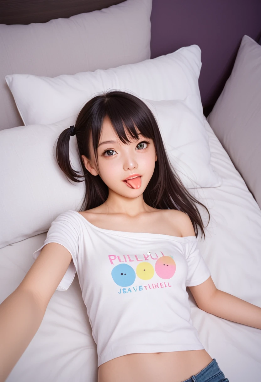 ollarbone,pastel colors t-shirt,off-shoulder look,bare shoulder,midriff peek,micro shorts,open mouth,(tongue out:2),lying,Selfie,looking ahead,from above,front view,upper body,(1girl,Beautiful 14 year old girl),((Slender,Small breasts,Small face,)),looking at viewer,Black Hair,bangs,one side up,Beautiful and detailed,Mischievous smile,Dimly lit room,Simple Background,bed,pillow,best quality