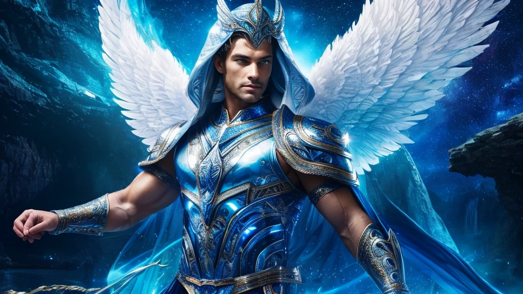 A angel man, majestic ethereal male angel, a divine aura emanating from every muscular sinew, his outfit is detailed armor, in blue and silver colors. This celestial being is captured in high-definition photography, showing intricate details and vibrant colors. Radiant golden runes adorn her pure white skin, glowing in an unearthly light. His blue eyes are wells of wisdom and power, they look with a mesmerizing intensity. The background is a dreamscape of floating islands and sparkling crystals, adding to the enchanting atmosphere of this celestial creature. The image exudes a sense of magic and wonder, inviting viewers to immerse themselves in a world of fantasy and beauty.