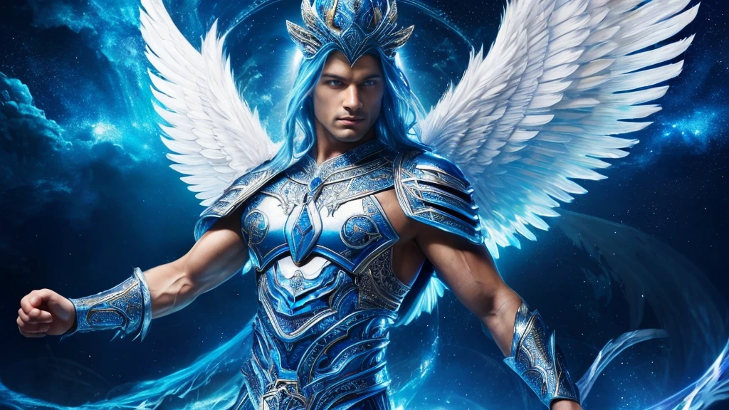 A angel man, majestic ethereal male angel, a divine aura emanating from every muscular sinew, his outfit is detailed armor, in blue and silver colors. This celestial being is captured in high-definition photography, showing intricate details and vibrant colors. Radiant golden runes adorn her pure white skin, glowing in an unearthly light. His blue eyes are wells of wisdom and power, they look with a mesmerizing intensity. The background is a dreamscape of floating islands and sparkling crystals, adding to the enchanting atmosphere of this celestial creature. The image exudes a sense of magic and wonder, inviting viewers to immerse themselves in a world of fantasy and beauty.