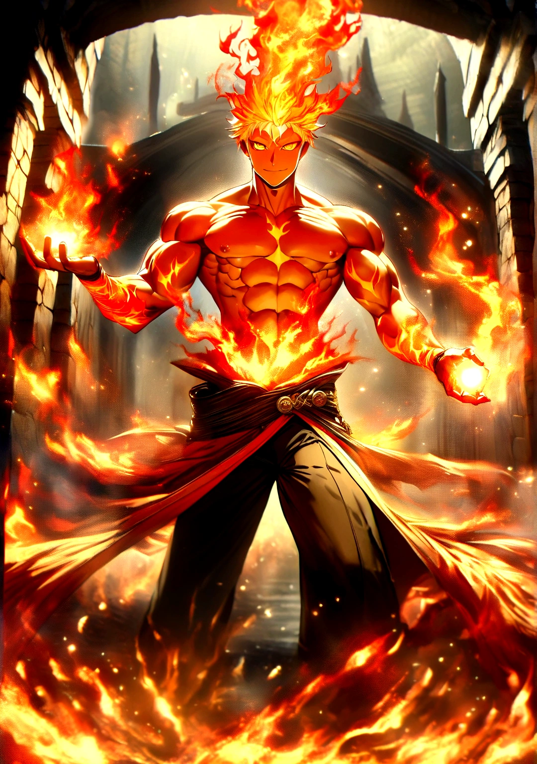 masterpiece, Top quality, 16k uhd, Stand, 1 male fire genasi with orange skin, Fire Wizard, no top, Free upper body, Six-pack muscles, muscular physique, elegant black trousers, fiery burning flame hair, Fire Mage, a swirling fireball hovers above his left hand, Magical setting, Confident Pose, devilish smile. highly detailed facial and skin texture, detailled eyes, square eyebrows, Amber eyes with sparks, Fine facial features, chiseled jawline, Shiny orange skin with smoky undertones