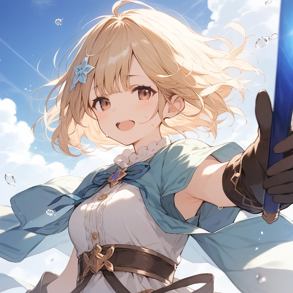 score_9, score_8_up, score_7_up, source_anime, best quality, masterpiece, official art, absurdres, highres, ultra-detailed,waifu2x,Collection: Slice of Life,break,djeeta \(granblue fantasy\),short hair, blonde hair, gloves, brown eyes, medium breasts, sweat, open mouth, sleepily, outdoors, wind,break,(clear line illustration:1.2), super detailed skin,very high resolution, very aesthetic, Best sexual lighting powered by famous artist, 8k,cute picture,beauty illustration,photoshop_(medium),,(Detailed Lighting),best anime 8k konachan wallpaper, pixiv contest winner,